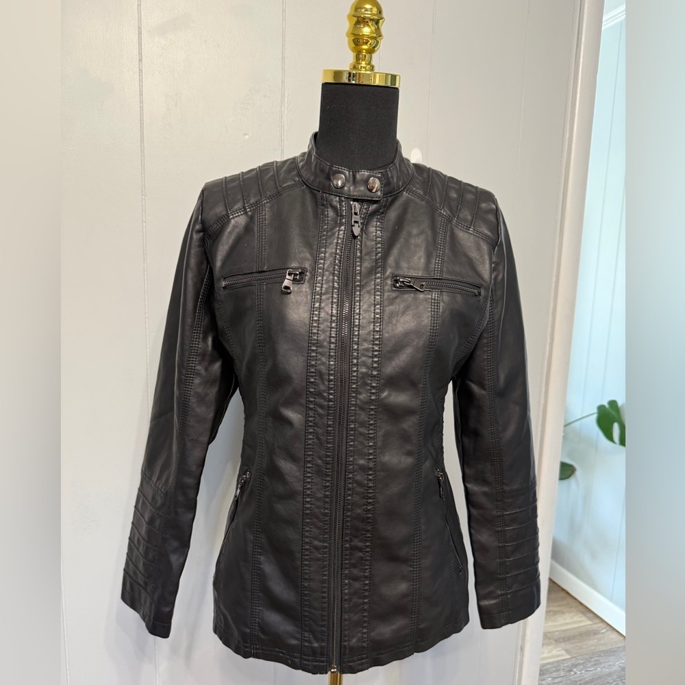 NWOT Removable Hoodie Black Faux Leather Jacket